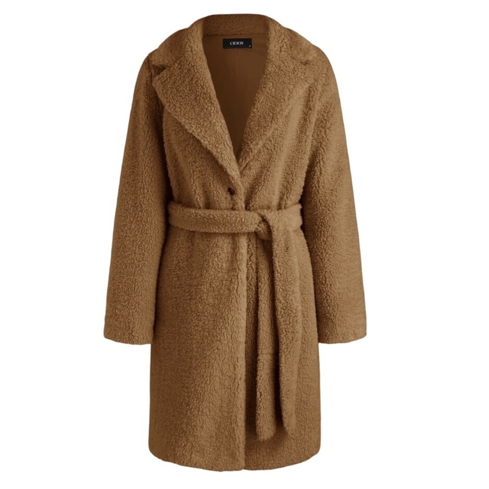 Fleece Collar Solid Belted Coat Cider‎